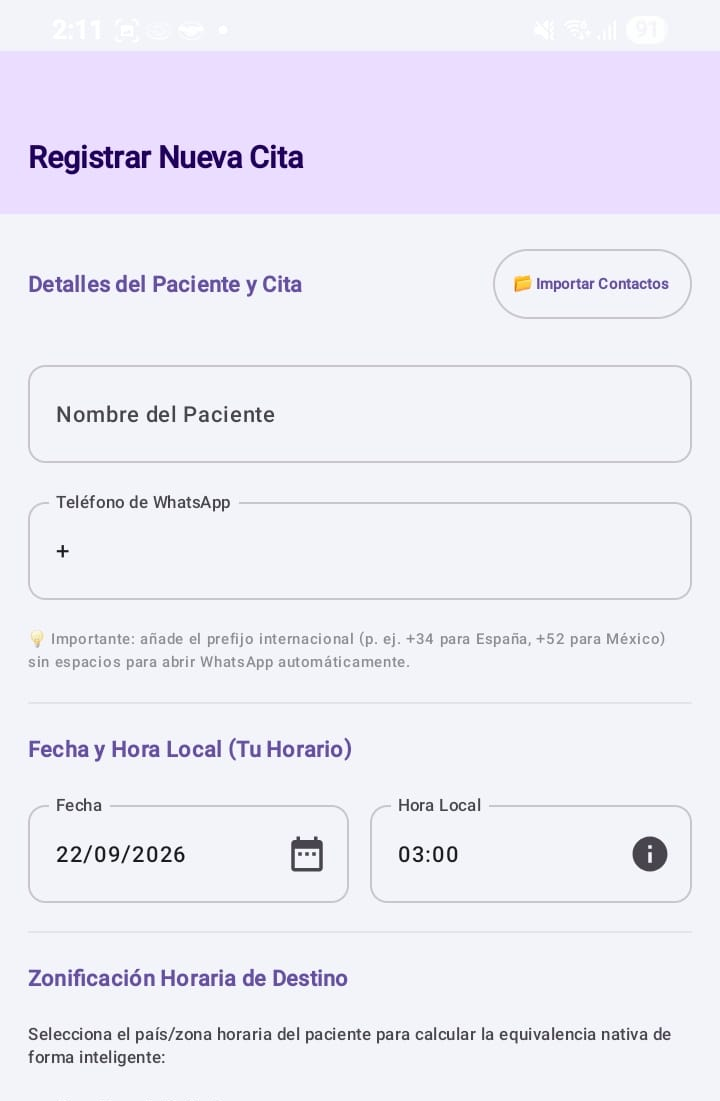 Formulario de cita y zona horaria