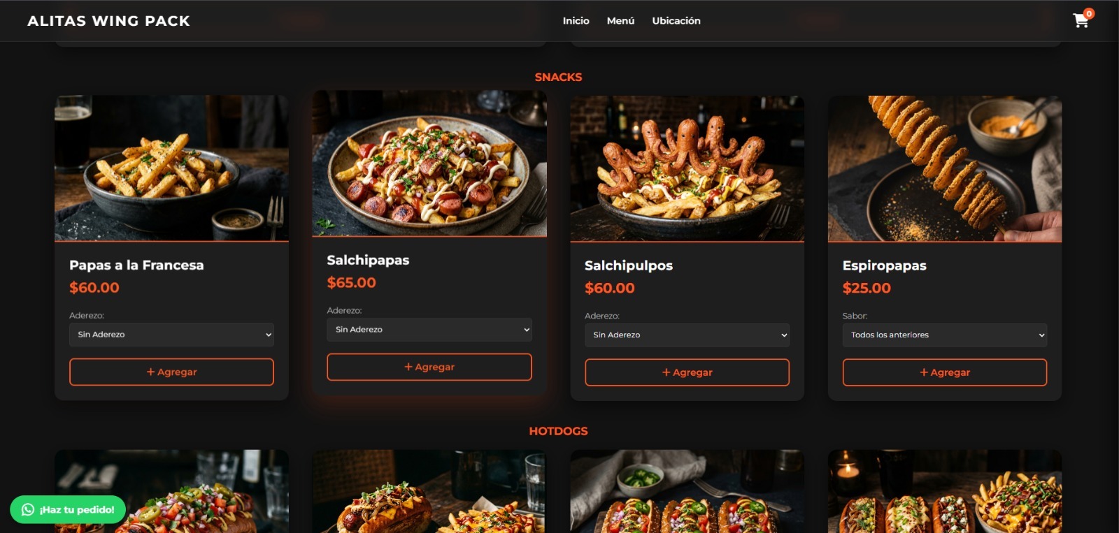 Productos y categorías de Alitas Wing Pack